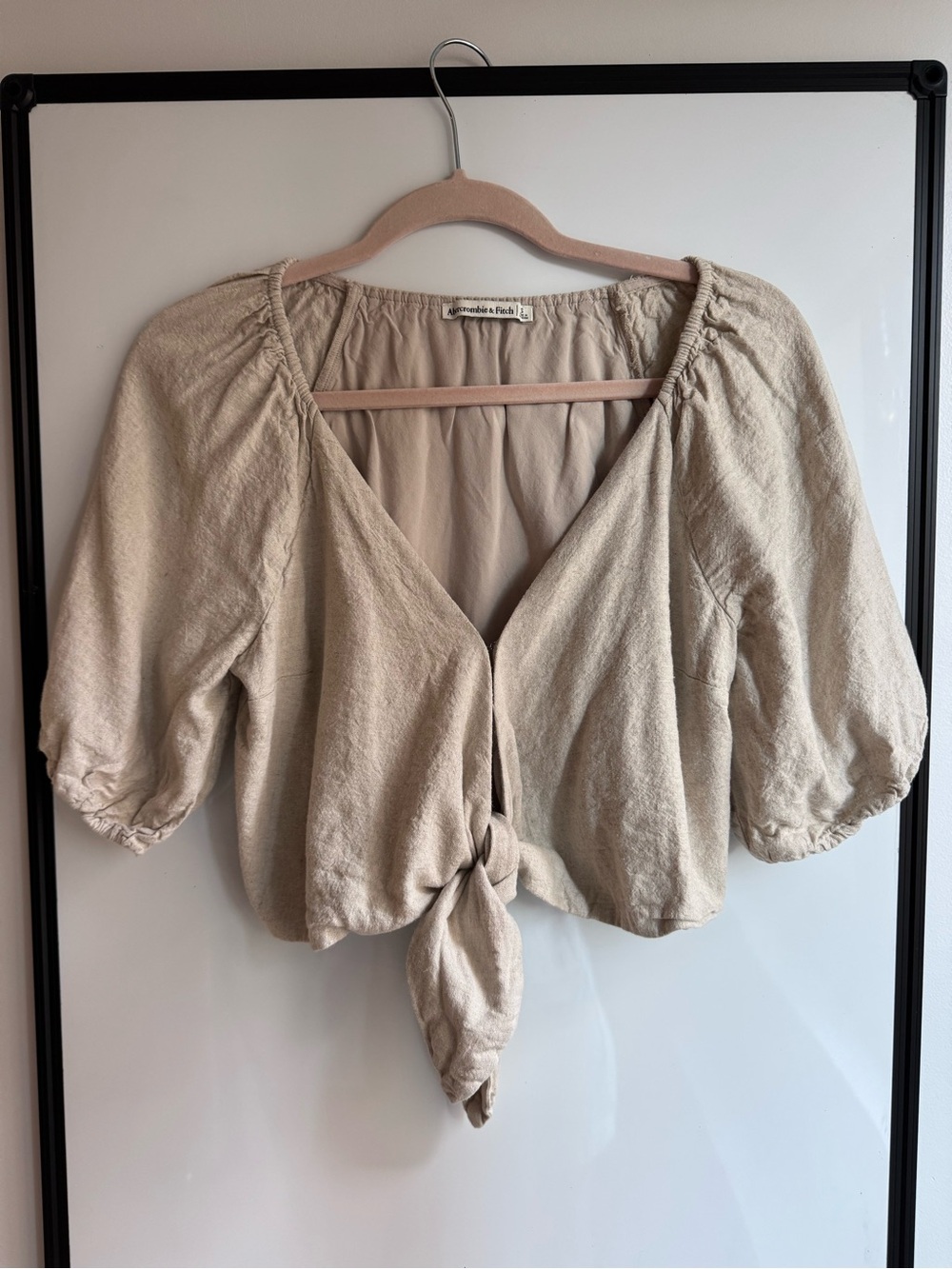Abercrombie & Fitch Linen Cream Tie-Front Puff Sleeve Top